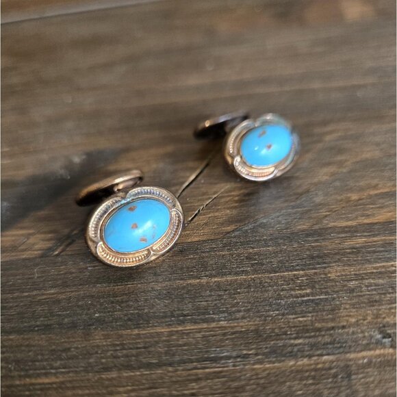 Copper & Turquoise Southwestern Style Cufflinks Vintage Western Rodeo Accessory - Picture 3 of 6